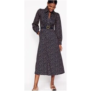 Boden Navy Blue Tan Polka Dot Scalloped Pleated Midi Dress Women 8R NEW $245